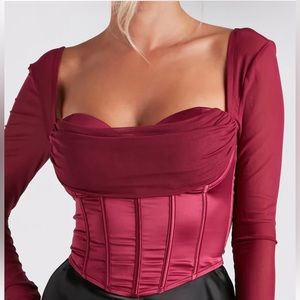 Sultry Swoon Satin Mesh Corset maroon color